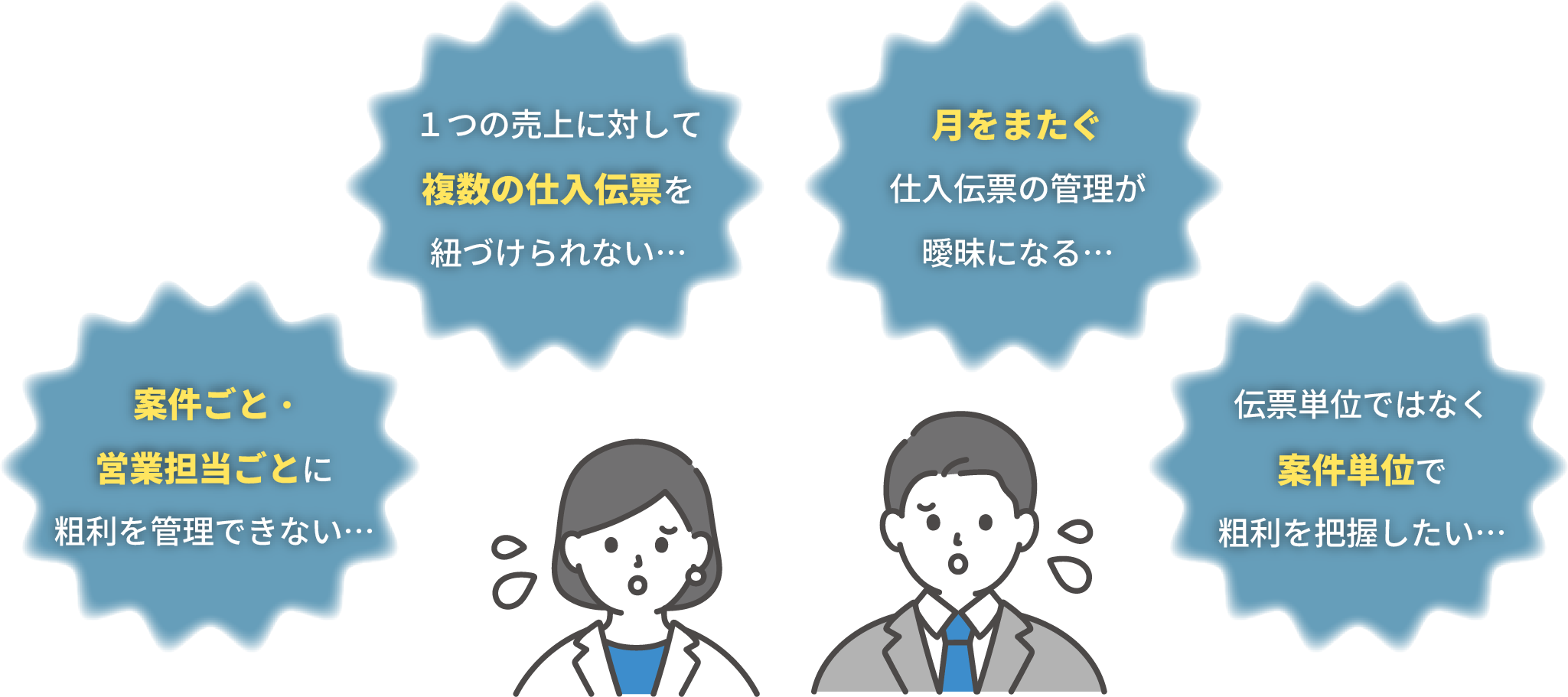 案件ごと・営業担当ごとに粗利を管理できない…１つの売上に対して複数の仕⼊伝票を紐づけられない…月をまたぐ仕入伝票の管理が曖昧になる…伝票単位ではなく案件単位で粗利を把握したい…